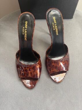 Saint Laurent Tortoiseshell Patent Open-Toe Slide Mules